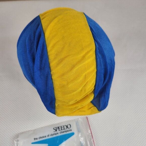 Vintage 80s Speedo Panel Swim Cap Electric Blue Gold Lycra Deadstock - Picture 2 of 3
